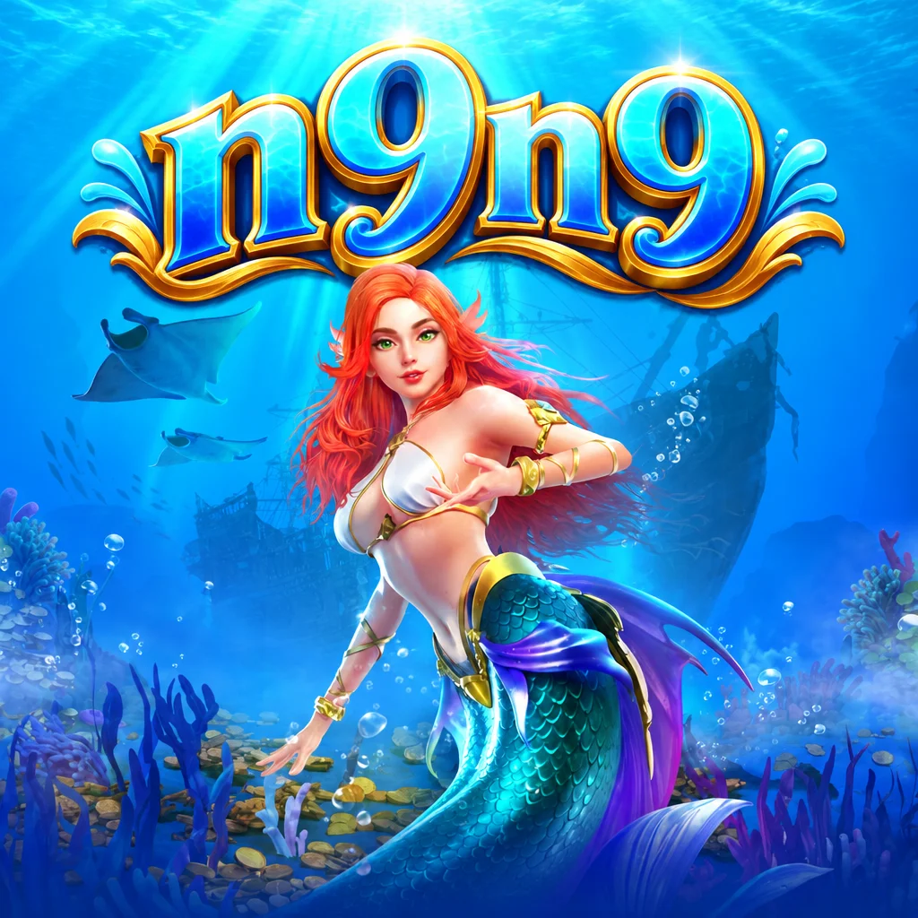 Putri duyung berambut merah di bawah laut dengan latar kapal karam dari n9n9 Mermaid Riches