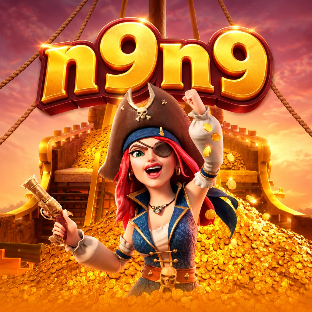 Karakter kapten bajak laut wanita bersenjata di atas kapal penuh koin emas dari n9n9 Queen Bounty
